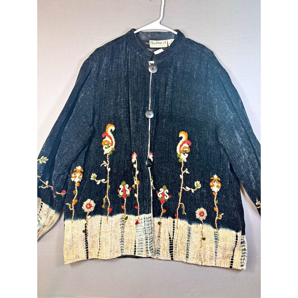Vintage Flashback XL Lagenlook Hand-Embroidered Velvet Black Cream Floral Jacket